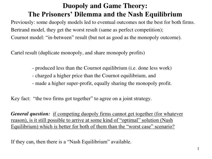 duopoly and game theory the prisoners dilemma and the nash equilibrium