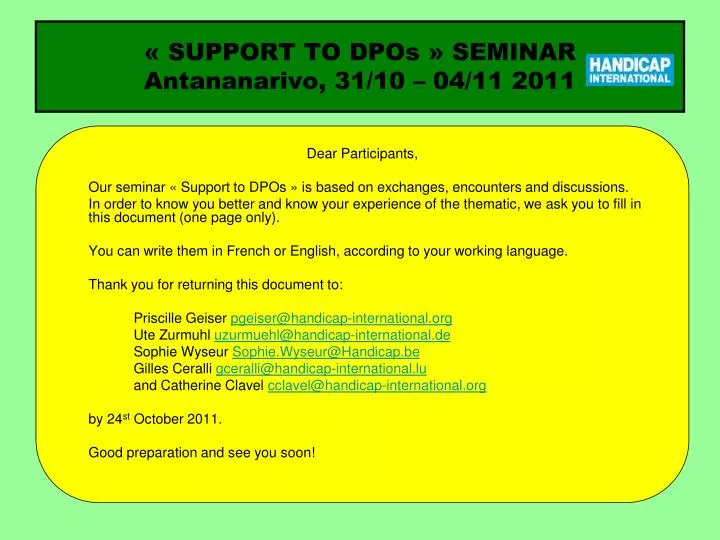 support to dpos seminar antananarivo 31 10 04 11 2011
