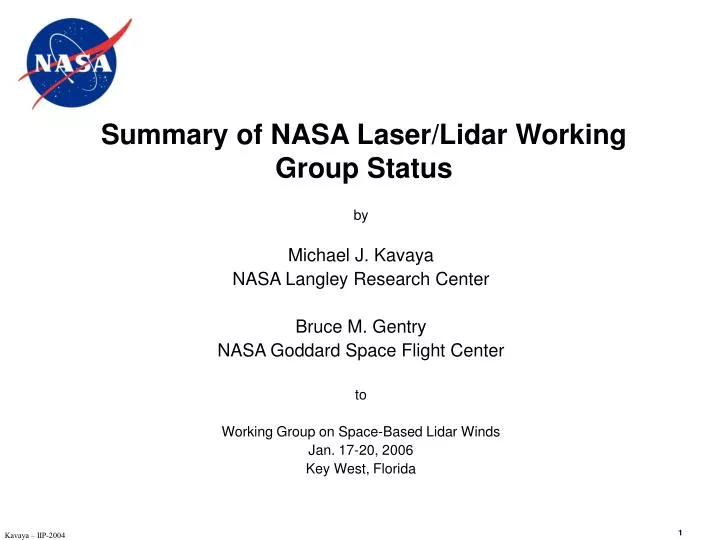 summary of nasa laser lidar working group status