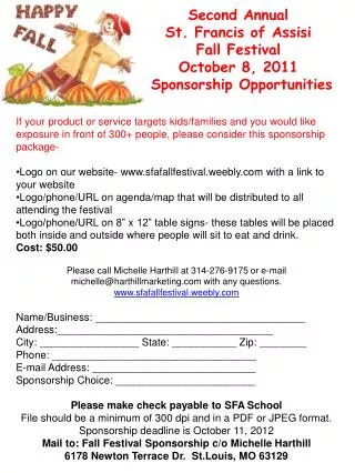 Second Annual St. Francis of Assisi Fall Festival October 8, 2011 Sponsorship Opportunities