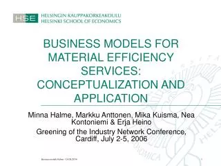 BUSINESS MODELS FOR MATERIAL EFFICIENCY SERVICES: CONCEPTUALIZATION AND APPLICATION