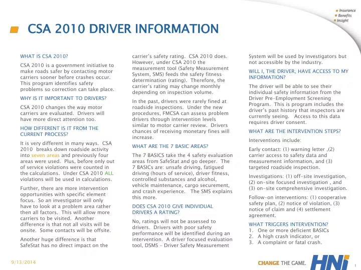 csa 2010 driver information