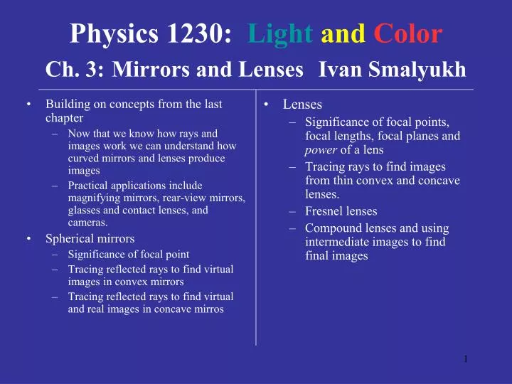 physics 1230 light and color ch 3 mirrors and lenses ivan smalyukh