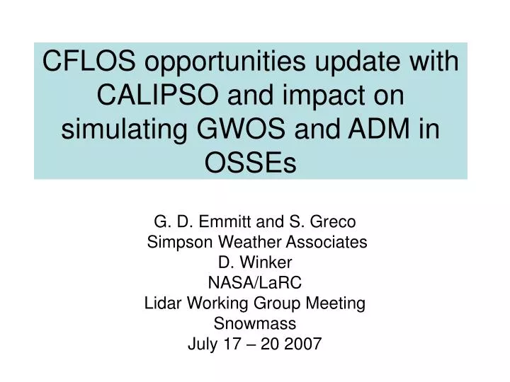 cflos opportunities update with calipso and impact on simulating gwos and adm in osses