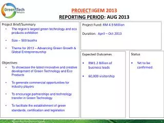 PROJECT :IGEM 2013 REPORTING PERIOD : AUG 2013