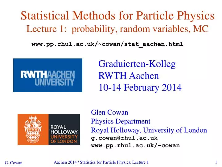 statistical methods for particle physics lecture 1 probability random variables mc