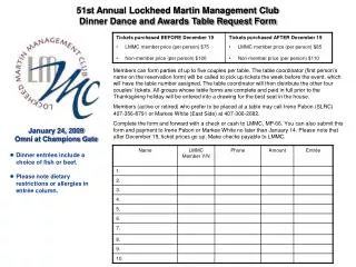 51st Annual Lockheed Martin Management Club Dinner Dance and Awards Table Request Form