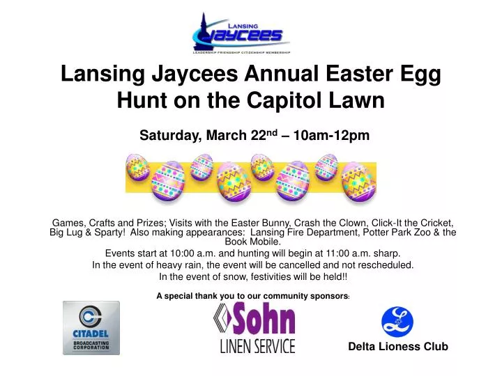 lansing jaycees annual easter egg hunt on the capitol lawn saturday march 22 nd 10am 12pm