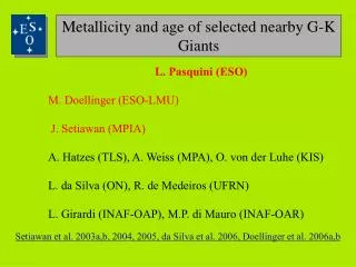Metallicity and age of selected nearby G-K Giants