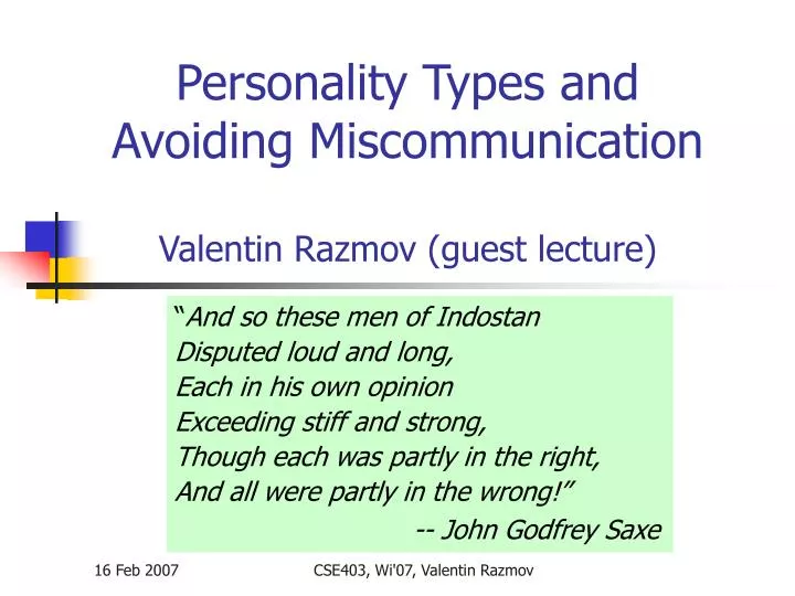 personality types and avoiding miscommunication valentin razmov guest lecture
