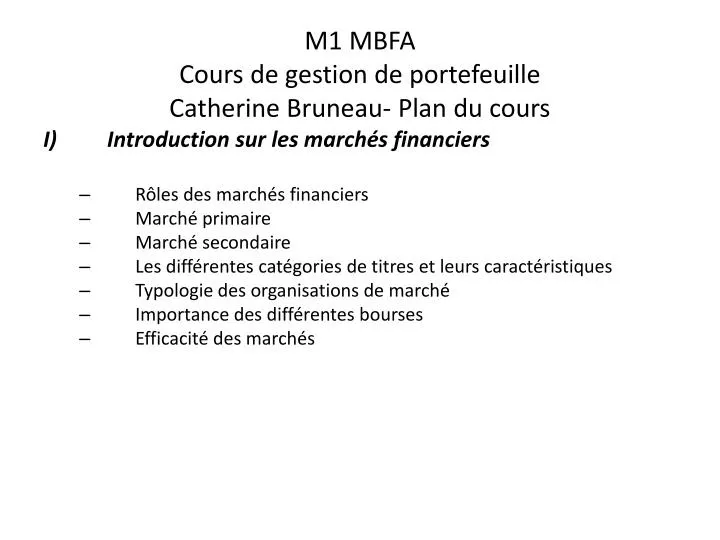 m1 mbfa cours de gestion de portefeuille catherine bruneau plan du cours