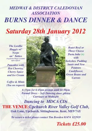MEDWAY &amp; DISTRICT CALEDONIAN ASSOCIATION BURNS DINNER &amp; DANCE Saturday 28th January 2012