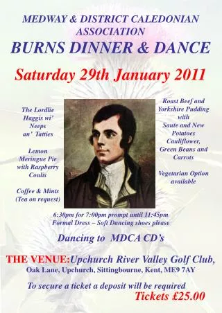 MEDWAY &amp; DISTRICT CALEDONIAN ASSOCIATION BURNS DINNER &amp; DANCE Saturday 29th January 2011