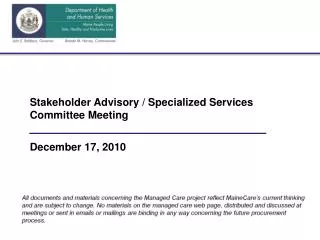 Stakeholder Advisory / Specialized Services Committee Meeting