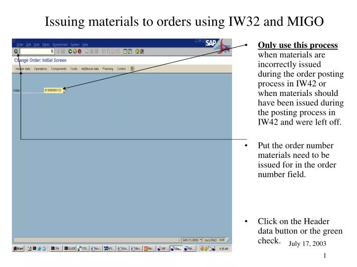 issuing materials to orders using iw32 and migo