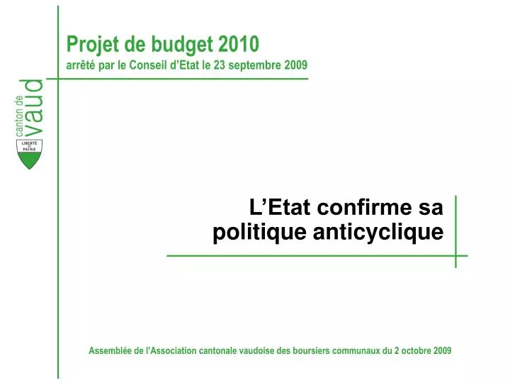 projet de budget 2010 arr t par le conseil d etat le 23 septembre 2009
