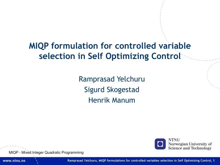 miqp formulation for controlled variable selection in self optimizing control