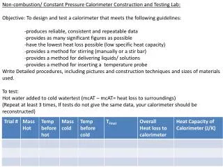 Non-combustion/ Constant Pressure Calorimeter Construction and Testing Lab: