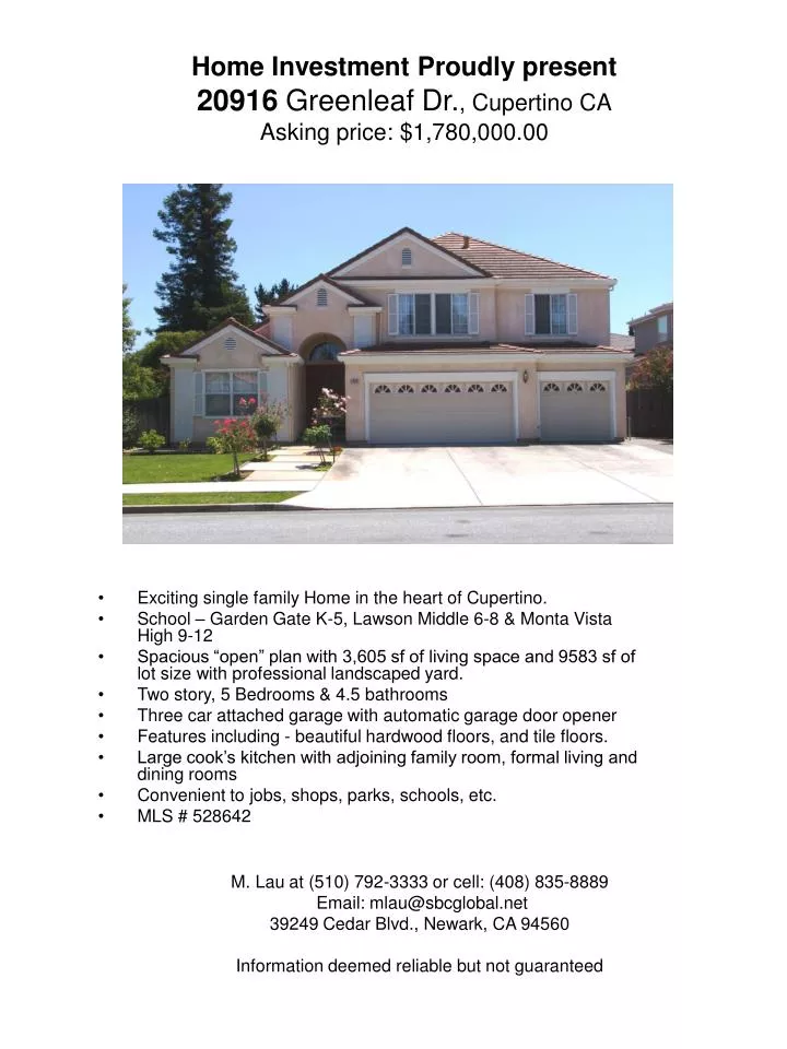 home investment proudly present 20916 greenleaf dr cupertino ca asking price 1 780 000 00