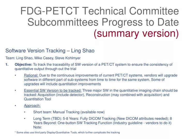 fdg petct technical committee subcommittees progress to date summary version