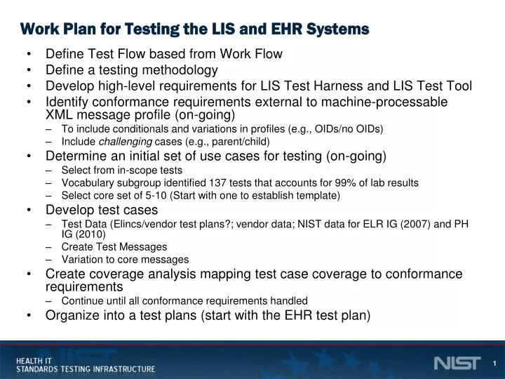 work plan for testing the lis and ehr systems
