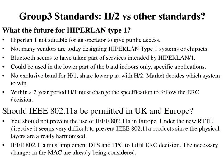 group3 standards h 2 vs other standards