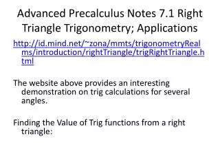 Advanced Precalculus Notes 7.1 Right Triangle Trigonometry; Applications