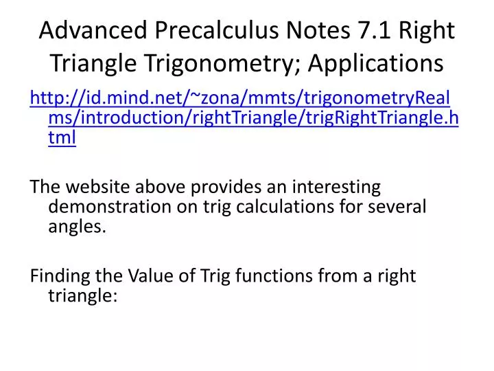 advanced precalculus notes 7 1 right triangle trigonometry applications