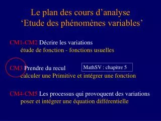 le plan des cours d analyse etude des ph nom nes variables