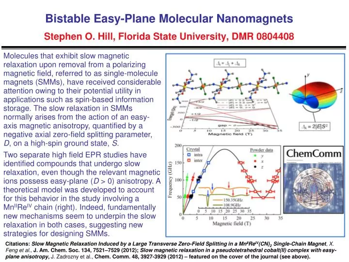 bistable easy plane molecular nanomagnets stephen o hill florida state university dmr 0804408