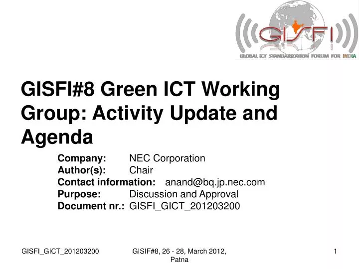 gisfi 8 green ict working group activity update and agenda
