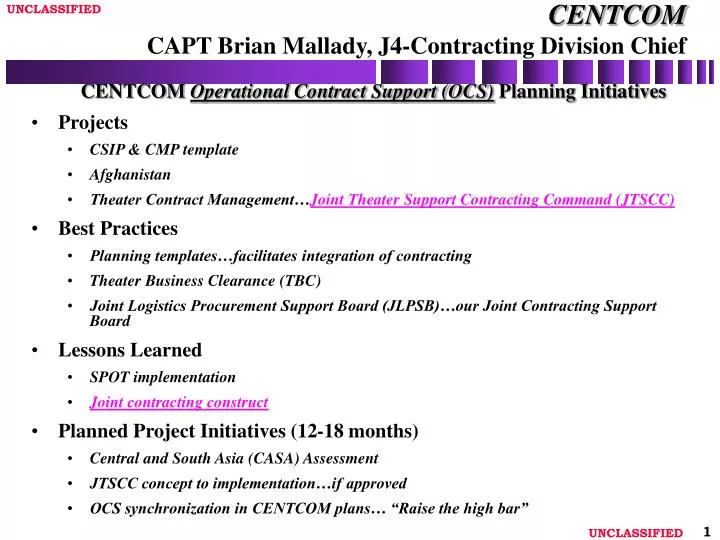 centcom capt brian mallady j4 contracting division chief