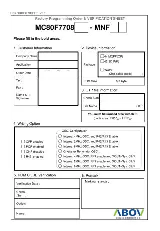 Factory Programming Order &amp; VERIFICATION SHEET