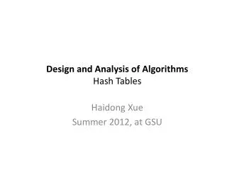 Design and Analysis of Algorithms Hash Tables