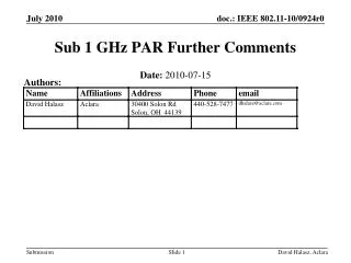 Sub 1 GHz PAR Further Comments