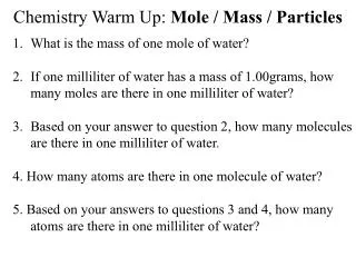 Chemistry Warm Up: Mole / Mass / Particles