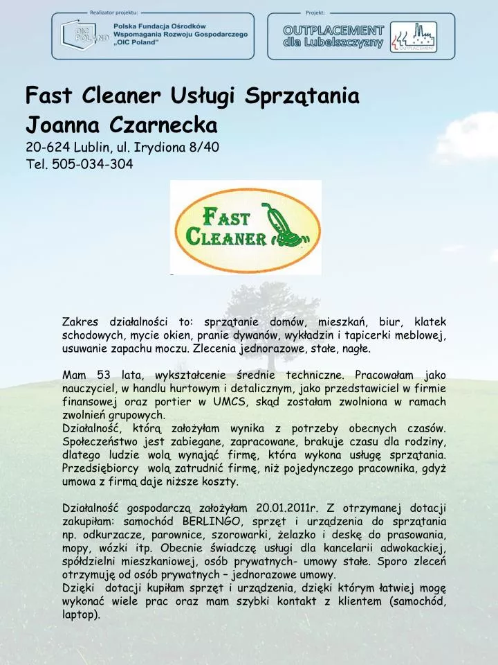 fast cleaner us ugi sprz tania joanna czarnecka 20 624 lublin ul irydiona 8 40 tel 505 034 304