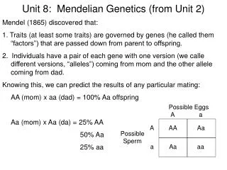 Unit 8: Mendelian Genetics (from Unit 2)