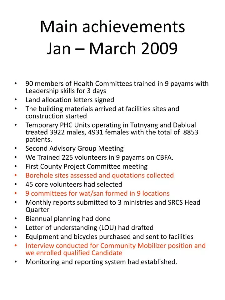 main achievements jan march 2009