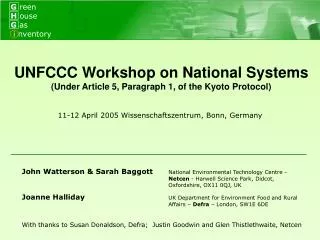 UNFCCC Workshop on National Systems (Under Article 5, Paragraph 1, of the Kyoto Protocol)