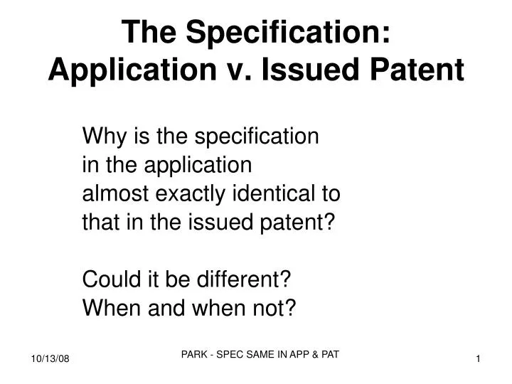 the specification application v issued patent