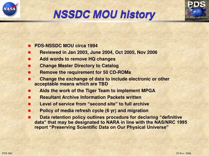 nssdc mou history