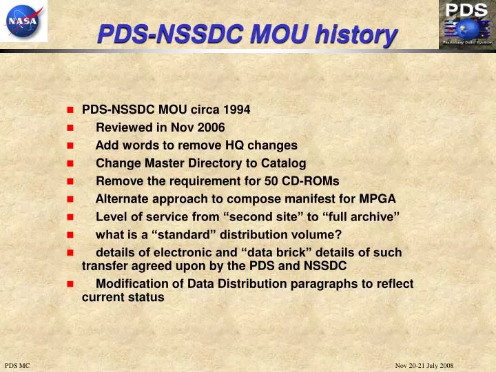pds nssdc mou history