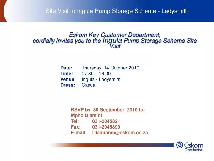 eskom key customer department cordially invites you to the ingula pump storage scheme site visit