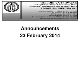 Announcements 23 February 2014