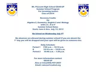 Mt. Pleasant High School GEAR-UP Summer School Program For Incoming Juniors Class of 2014