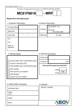 Factory Programming Order &amp; VERIFICATION SHEET