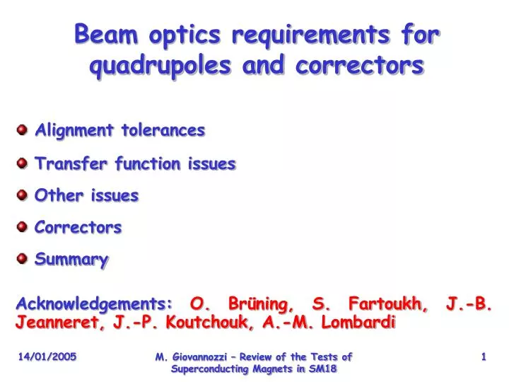beam optics requirements for quadrupoles and correctors