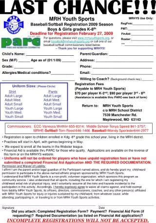 MRH Youth Sports Baseball/Softball Registration 2009 Season Boys &amp; Girls grades K-8 th