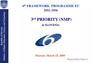 6 th FRAMEWORK PROGRAMME EU 2002-2006 3 rd PRIORITY (NMP) &amp; SLOVENIA